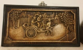 Antique Chinese Carved Raised Relief Wall Plaque On Wood Frame Peking 1932
