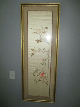 Vintage Asian Oriental Silk 18 " X48 " Framed Embroidered Large