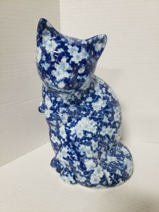 Blue Floral Cat 10 " Tall Porcelain Statue Figurine Gorgeous Kitty Figurine Decor