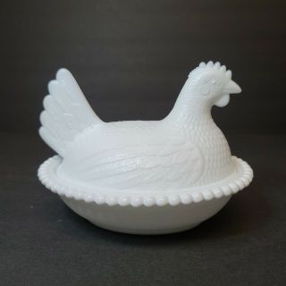Vintage Indiana White Milk Glass Chicken Hen On Nest Covered Bowl Candy Dish Euc