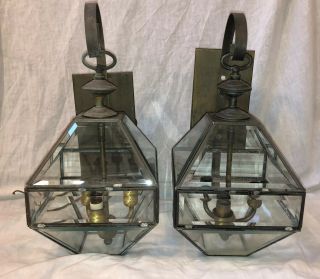 2 Vintage Outdoor Wall Mount Lantern Lights Brass & Beveled Glass Paneled Set