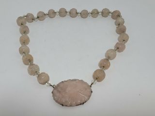 Antique Pink Quartz Necklace - Carved - Beaded - Pendant - Sterling Clasp - 17 In - Asian?