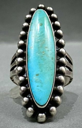 Huge Long Vintage Navajo Sterling Silver Turquoise Ring Gorgeous Stone