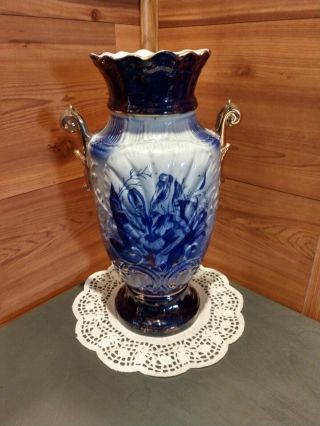 Rare 19th Century Signed " T.  R.  & Co.  " Flo Blue Dual Handle Vase Made In England