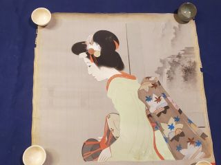 Vintage Japanese Painting Of A Woman W/landscape On Silk