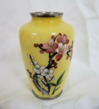 Vintage Mcm Japanese Cloisonne Ikebana Vase Yellow W Cherry Blossoms