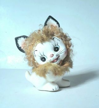 ☆ Vintage Hairy Kitty Cat Ceramic Figure Big Eye Furry Kitch Christmas Japan