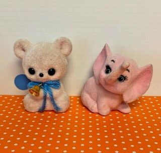 Vintage Hong Kong G Fuzzy Flocked Miniatures Pink Bear & Elephant