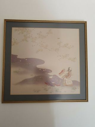 Japanese Fine Print On Silk Picture Framed Gheisha Woman Delicate Colo