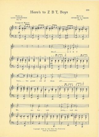 Zeta Beta Tau Fraternity Vintage Song Sheet C1941 " Here 