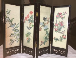 Vintage Chinese Japanese Miniature 4 Panel Divider Screen Hand Painted Darkwoo