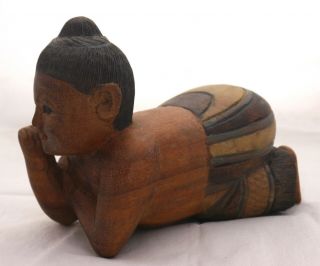 Antique Chinese / Asian Hand Carved & Painted Wood Statue Child On Elbow 7.  5 " L