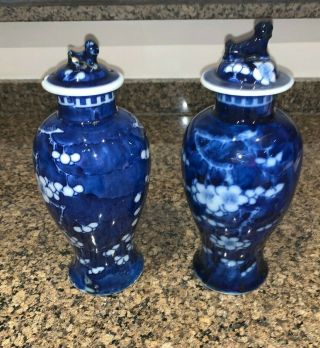 Late 19th C Chinese Blue White Prunus Pattern Lidded Baluster Vases X2 (pair?)