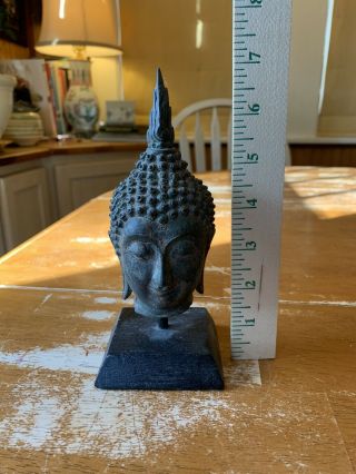 Old Small Bronze Buddha Head On Stand