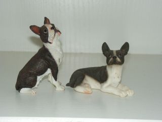 Boston Terrier Figurines Set Of 2 Small Vintage Miniature Dogs Black White Resin