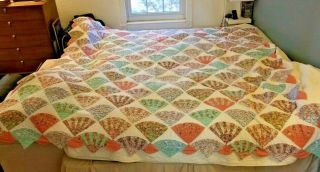 Vintage Fan Pattern Quilt,  Hand Quilted,  100 " X 86 "