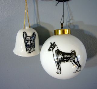 2 Basenji Globe & Bell Porcelain China Dog Christmas Ornament Black White