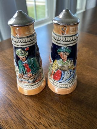 Vintage German Beer Stein Salt And Pepper Shakers,  Lady And Man 4 Inches High