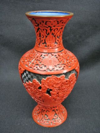 Vintage Chinese Carved Red Cinnabar Turquoise Enamel Floral Vase 8 1/4 ;