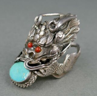Fine Antique Chinese Silver Coral Turquoise Imperial Dragon Ring Guard