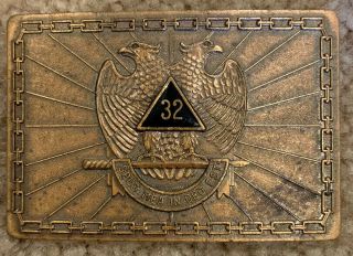 Vintage Bronze Belt Buckle Mason Double Eagle 32 Spes Mea In Deo Masonic