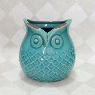 Ceramic Teal Blue Owl Planter Flower Vase Pot Utensil Holder