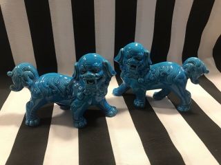 Pair 50s Vintage Decorative Glazed Ceramic Turquoise Blue Chinese Lion Foo Dogs