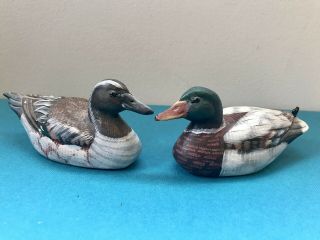Vintage Small 4” Hand Painted Carved Wood Ducks Mallard Male And Female