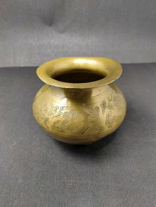 Antique Brass Hand Engraved Water Pot Old Floral Carved Drinking Pot Kalash Lota