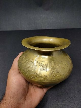 Antique Brass Hand Engraved Water Pot Old Floral Carved Drinking Pot Kalash Lota 2
