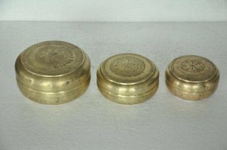 3 Pc Old Brass Round Shape Inlay Engraved Handcrafted Bread / Chapati Boxes
