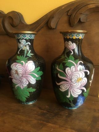 Two Vintage Chinese Cloisonne 6” Vase W/colorful Flowers & Butterfly’s Vgc