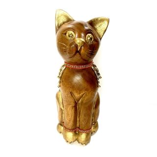 Vtg Hand Carved Wooden Cat Statue 12.  5 " Gold Detail And Beading Solid Wood