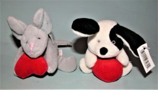 Russ Berrie Plush 2pc.  Set,  Valentine,  Mouse And Dog Holding Hearts