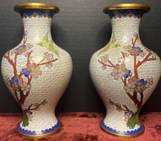 Mirrored Design White Cloisonné Vases With Multi Colored Floral And Bird
