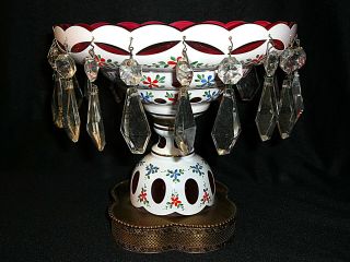 Antique Bohemian Czech White Cut To Cranberry Crystal Drops Vintage Bowl Compote