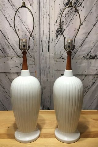 Pair Vintage Mid Century Modern White Ceramic & Teak Table Lamp Danish Eames Era