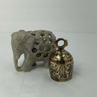 Vintage Soap Stone Carved Elephant With Baby Inside Figurine With Brass Bell