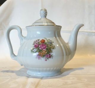 Vintage Ceramic Tea Pot With Lid,  Roses And Other Flowers,  6 - 1/2 " Tall - Lovely