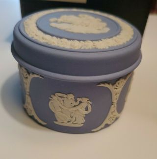 Vintage 76 Wedgwood White On Blue Jasperware Trinket Box With Lid