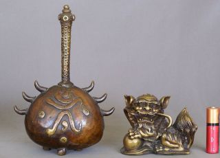 18th - 19th C Chinese Qing Bronze Buddhist Bell And A Bronze Foo Dog Paperweight
