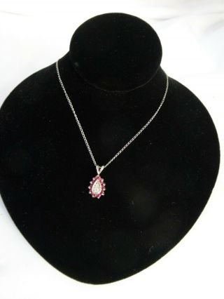 Vintage Ruby & Diamond Teardrop Pendant Necklace 14k White Gold 18 " Fine Chain