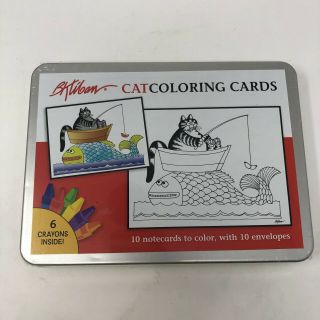 B.  Kliban 10 Cat Coloring Cards And Envelopes 6 Crayons In Hinged Tin Vintage