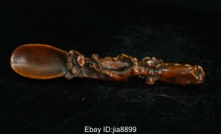 Old Chinese Folk Boxwood Wood Hand Carving Flower Tea Spoon Statue Sculpture