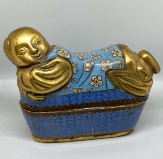 Antique Chinese Cloisonné Figural Box/jar Brass Base
