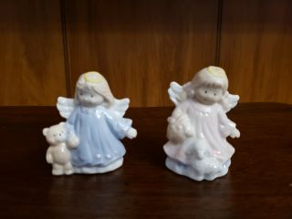 Set Of 2 Vintage Porcelain Angel Figurines Blue W/teddy Bear Pink W/lamb 2 - 1/2 "