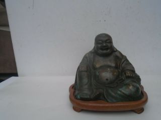 Lovely Chinese Antique Bronze Laughing Buddha Statue With Display Stand