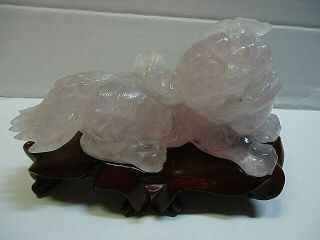 Chinese Rose Quartz Hand Carved Foo - Dog Statue 6 " X 3.  5 " X 2.  7 On Wood Stand