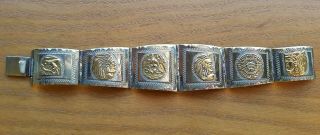 Vtg Taxco Mexico 925 Sterling Silver Panel Link Bracelet Aztec Mayan Story 6.  5 "