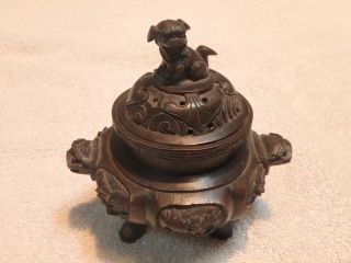 Late 19th - Early 20th Century Chinese Bronze Censer With Foo Dog Finial Lid